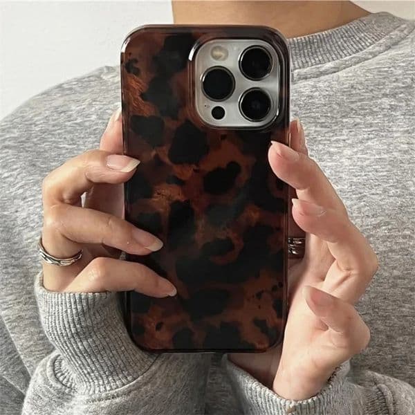 Retro Amber Texture Laser Phone Case For iPhone 17 16 15 14 Pro Max 13 Stylish Leopard Print y Back Soft Cover Gift 260427