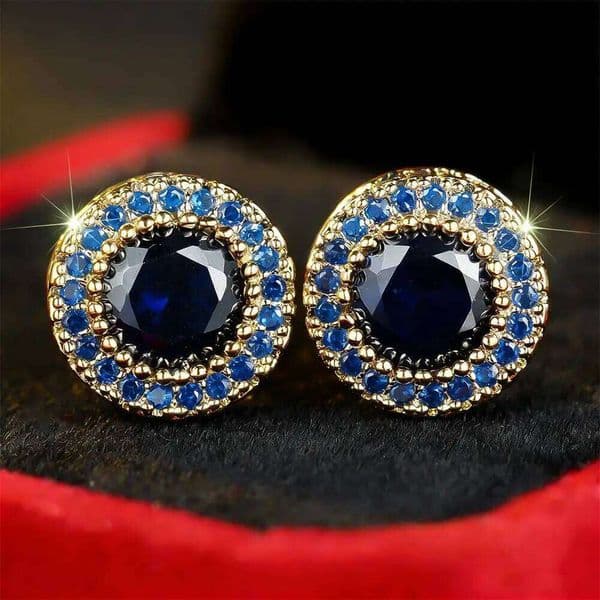 Blue Crystal Trendy Round Stone Stud Earrings For Women Vintage Rose Gold Silver Color Earring Wedding Jewelry Mother's Day Gift