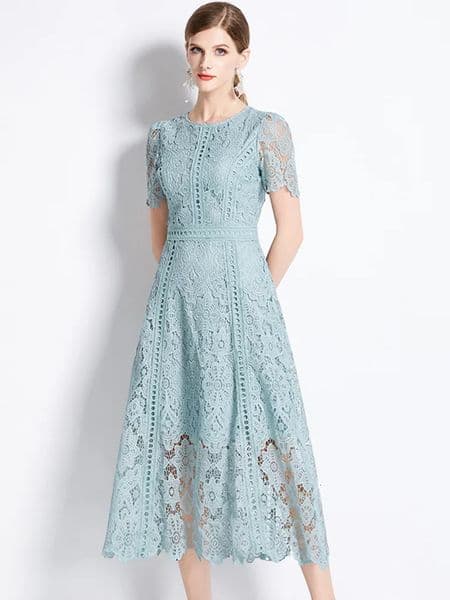 HMA Vintage High-End O-Neck Short Sleeve Lace Hollow Out Dress For Womens Summer Slim Elegant Long Dress Female Clothing 260430