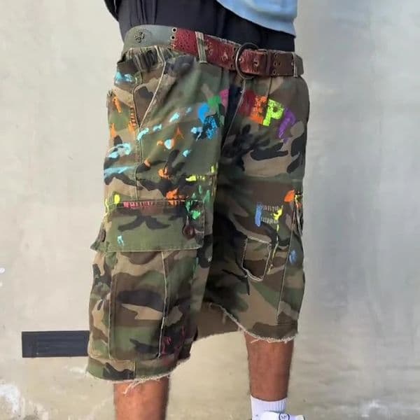 Y2K Graffiti Cargo Retro Camouflage Paint Pattern Cargo Shorts Summer American Hip-Hop Casual Street Men and Women Loose Shorts 260430