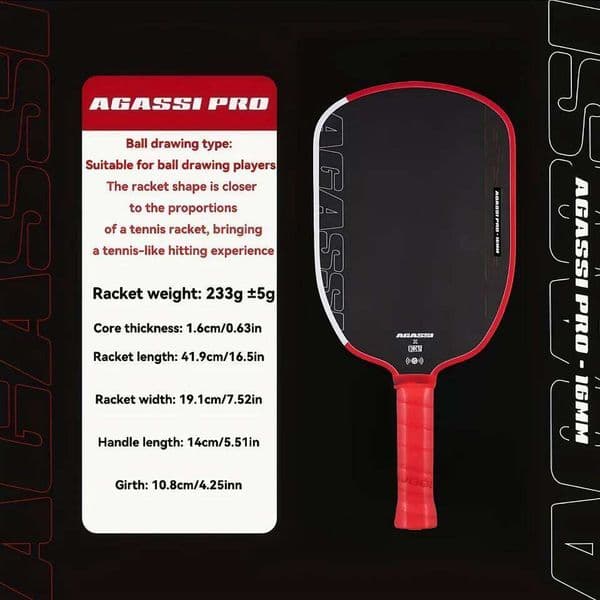Agassi Pro IV 16mm Paddle GEN 4 TFP Foam Core T700 Carbon Fiber Pickleball Rackets Increases Spin & Control 26H0504