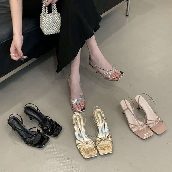 gold Women's Roman with straps, 2026 spring/summer new versatile open-toe square toe thin heel slip-on sandals
