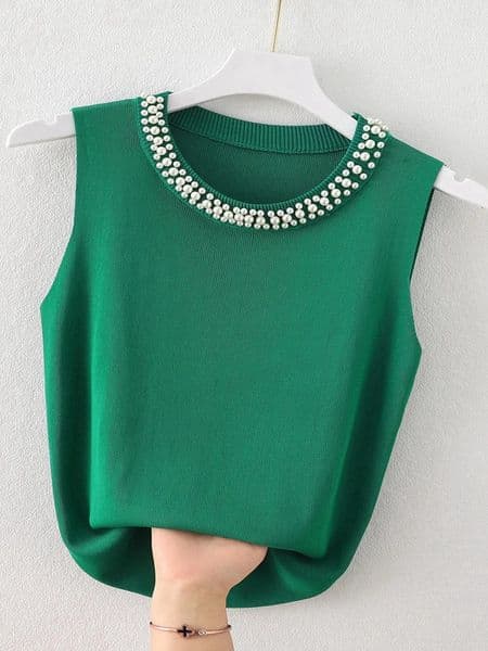 Korea Knitted Vests Women Top Solid Tank Blusas Mujer De Moda Summer Fashion Female Sleeveless Beading Casual Thin Tops 260429