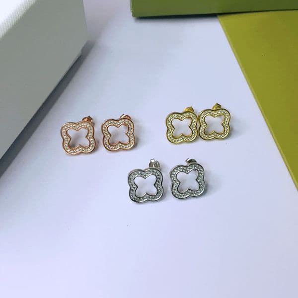 Designer Earrings jewelry Pure diamond-studded hollow clover stud earrings for women trendy Vanly Cleeffs