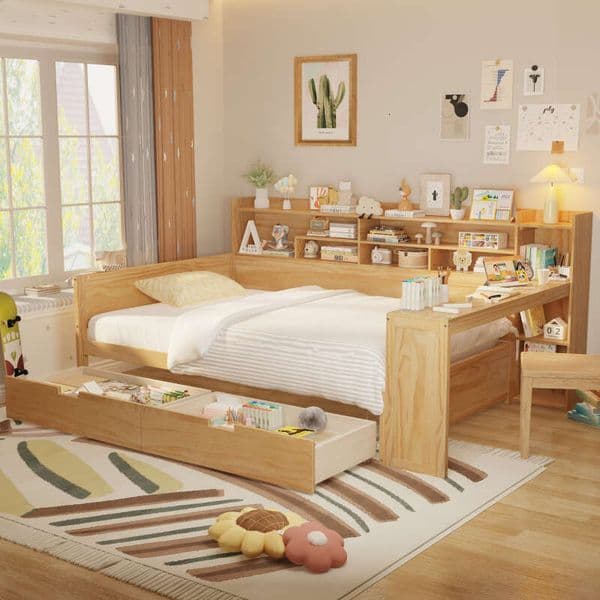 Wooden Full Size Daybed Shelves, Multi-functional Bed with Two Storage Drawers and Study Desk, Natural (Old SKU: N733S241486M)