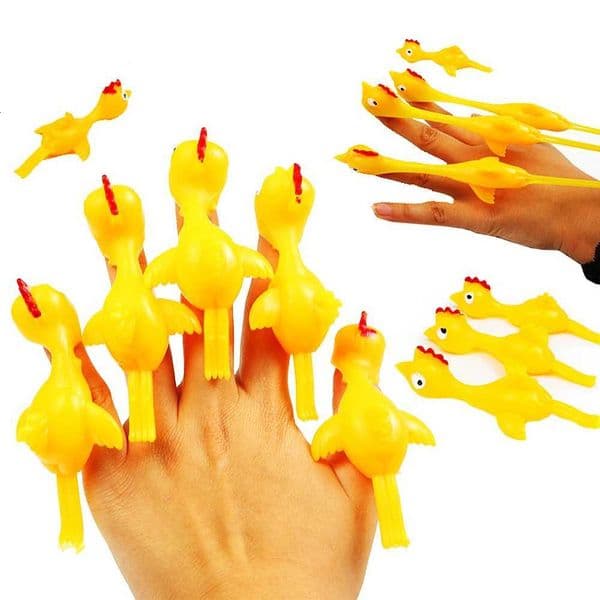 5pcs Novelty Sport Catapulted Ejection Chicken Toy Rubber Prank Flying Toy Slingshot Chicken Finger Toys Turkey Sticky X260504