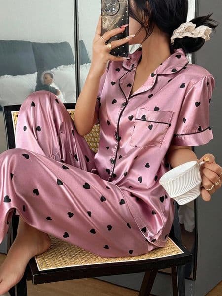 Women Pajamas Pink Pajamas Set Heart Print Lapel Faux Silk Comfortable Short Sleeve Pajama Set Satin Pajamas Set Women Silk Paj 260429