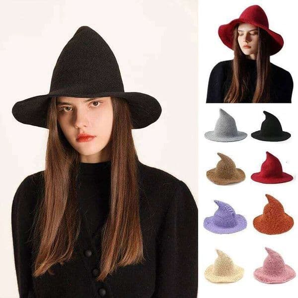 Halloween Wizard Role Playing Foldable Knitted Solid Color Fashion Warm Witch Pointed Hat Big Brim