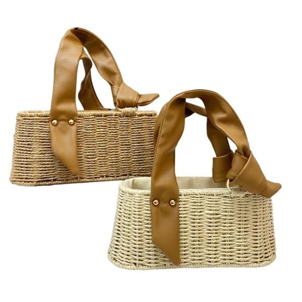 Beach-Inspired Designer Shoulder Pouch: Durable Natural Fiber Construction w/ Detachable Chains Designer Purse Mini handbag, made of rattan weaving + metal chain.