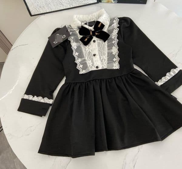 Autumn New Baby Girl Designer French Dress Children's Lace Bow Princess Dress Black Hepburn Style Long Sleeve