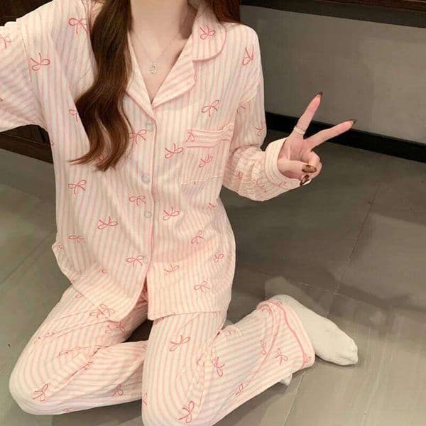 Spring Autumn New Women's Pajamas Sleeved Long Pants Sweet Printed 2-piece Set Casual Home Cardigan Nightgown