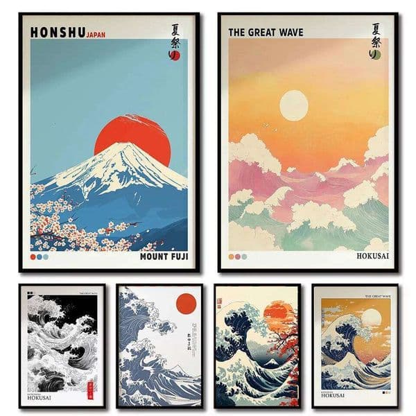 Mount Fuji Sunrise Canvas Print Hokusai Giant Wave Landscape Japanese Wall Art Poster for Modern Living Room Home Decor 26H0504