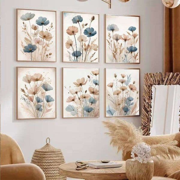 Vintage Blue Beige Wild Flowers Poster Canvas Painting Minimal Wall Art Print Picture Botanical Farmhouse Living Room Home Decor 26Y0505