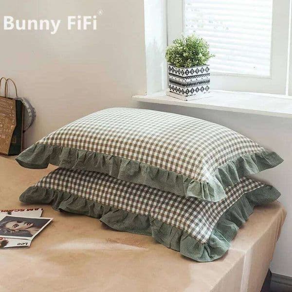 Pillow Case 2pcs 48x74cm Washed Cotton Pillowcase Home Bedding Super Soft Plaid Cover Ruffled Pillow Case Dorm Girl Room Decoration 26L0505