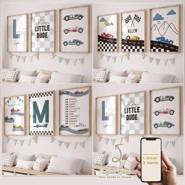 3pcs Personalized Custom Name Cartoon Racing Car Wall Art Print Picture Canvas Poster Painting For Living Child Room Home Decor 26H0505