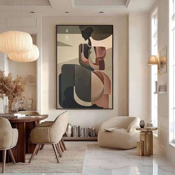 Abstract Woman Painting on Canvas, Large Geometric Wall Art, Modern Cubist Artwork, Neutral Minimalist Decor, Earth Ton 26Y0505