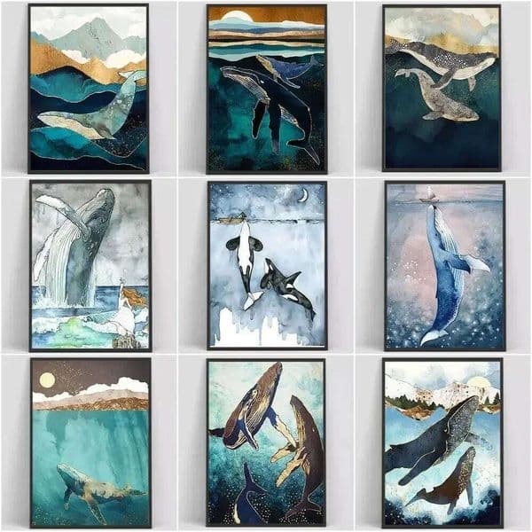 Abstract Big Whale Ship Sea Marine Animal Canvas Painting Posters and Prints Wall Art Picture For Living Room Decoration 26Y0505