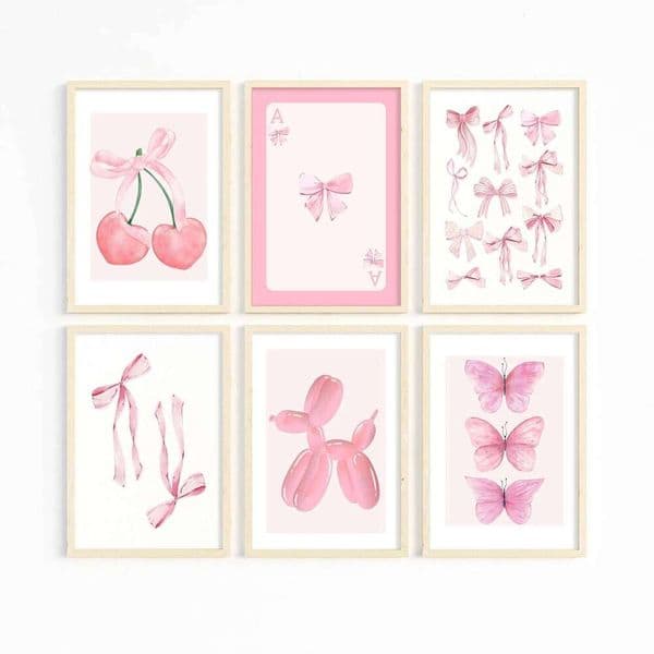 Trendy Pink Wall Art Bows Cherry Balloon Puppy Butterfly Canvas Painting Posters and Prints College Apartment Girl's Room Decor 26H0505