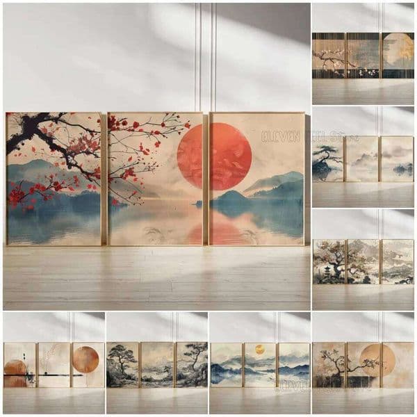 3PC Neutral Landscape Zen Nature Ink Poster, Japanese Cherry Blossom Minimalist Wall Art Home Decor 26L0505