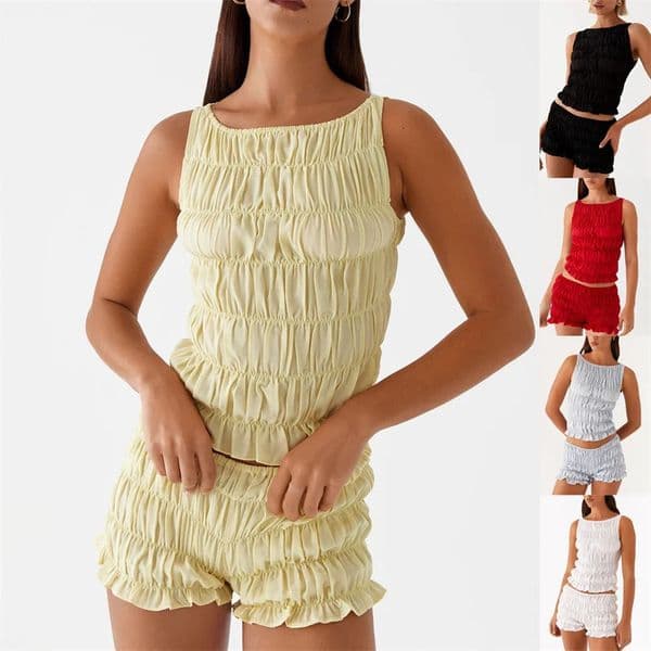 Women Summer O-neck Folds Tank TopsShorts Suit Sleeveless Slim Solid Tees Ruched Shorts Beach Style Fashion 2pcs Sets Outfits 260429