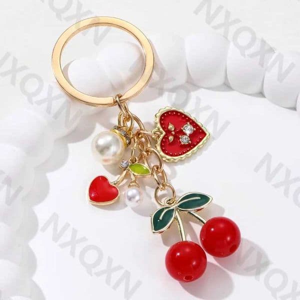 Pretty Cartoon Cherry Preal Heart Enamel Keychain Fruit Key Ring For Women Girl Handmade Friendship Gift Jewelry Set H260504