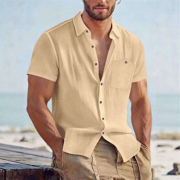 Men's Casual Linen Blend Shirt Short Sleeve Turn Down Collar Button Up Lightweight Breathable Beach Tunic Tops 26W0505