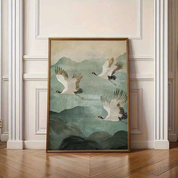 1pcs White Crane Flying Mountain Canvas Poster Abstract Retro Japanese Wall Printing Modern Living Room Bedroom Home Decor Gift 26H0505