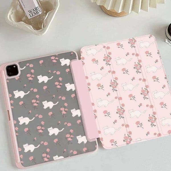 Pink Flower White Cat Ipad Case for 5 Air A16 11th M3 IPad Pro 11 12.9 10 Gen 10.5 10.2 9th 8th 6th 5th 9.7" Mini 6 26Y0505