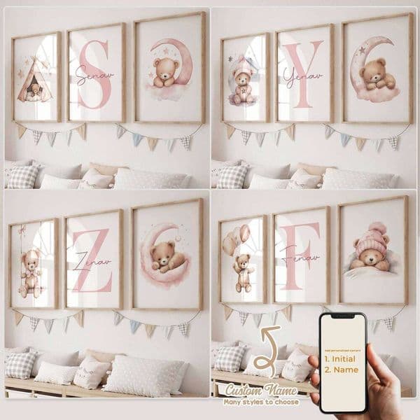 3pcs Personalized Custom Name Cartoon Pink Teddy Bear Wall Art Print Picture Canvas Poster Painting For Living Room Home Decor 26H0505