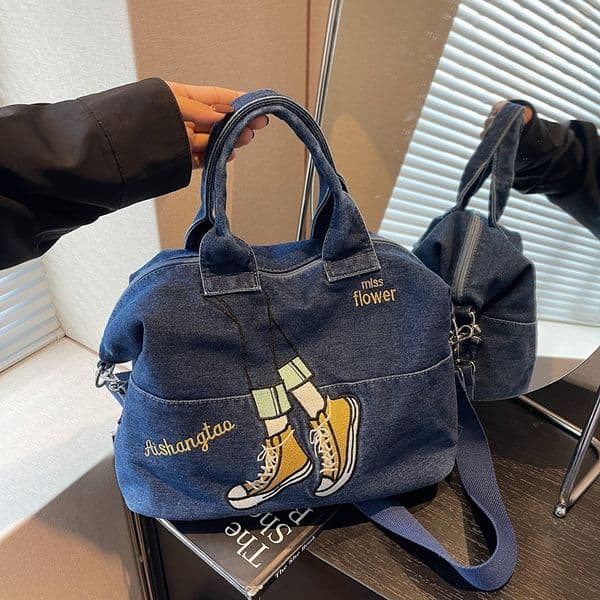 Versatile Denim Shoulder Bag with Large Capacity and Embroidered Design