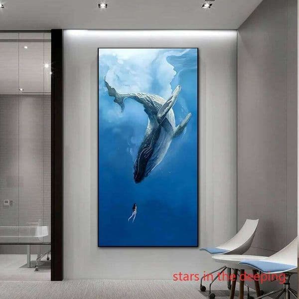 Abstract Animal Whale and A Girl Blue In Deep Sea Ocean Waves Art Poster Canvas Painting Wall Print Picture for Room Home De 26Y0505