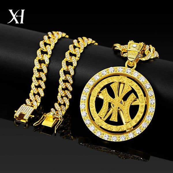 Designer Hip-Hop Necklace Two-tone rotating NY 63mm large round pendant hot-selling hip-hop jewelry, Cuban necklace, dragon beard