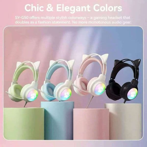Cat-Ear Macro RGB Glowing Wired Headset Noise Reduction Bass Computer Universal Headphones for Gaming And Entertainment