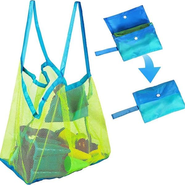 Youngsters Large Mesh Beach Toy Bag with Blue and Green Side Pockets - Durable Seashell Collecting Tote for Sand Toys Swimming X260504