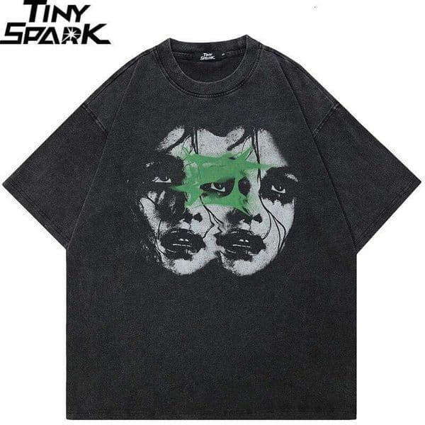 Hip Hop Retro Washed Black T-Shirt Streetwear Vintage Graphic Double Faces T Shirt Cotton Unisex Tshirt Men Tops Tees Dope 26L0505