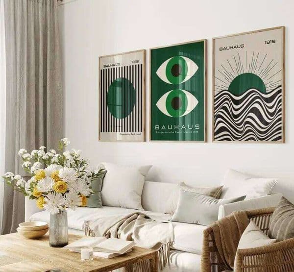 3pcs/set Dark Emerald Green Bauhaus Geometric Canvas Prints Mid-century Bright Color Wall Art Posters Living Room Home Decor 26H0505