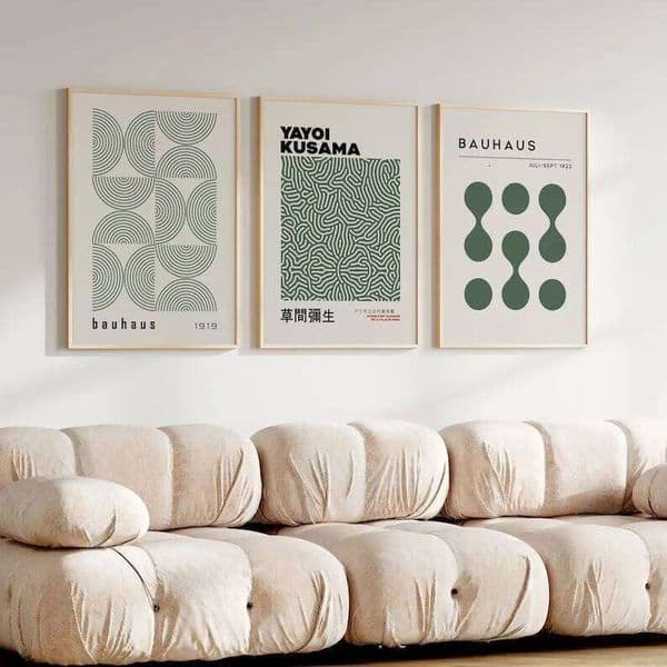 3pcs/Set Vintage Yayoi Kusama Sage Green Bauhaus Geometric Canvas Poster, Unframed Japanese Wall Art for Living Room Decortions 26H0505