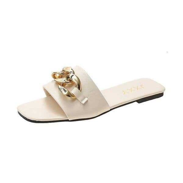 2025 New Fashion Womens Slippers Square Toe Chain Slippers Flat Slide Sandals Beach Flip Flops Metal Decoration Casual Shoes X260504