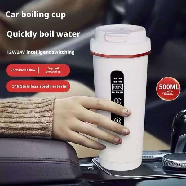 12V/24V Vehicle-Mounted Electric Kettle 500ML Large Capacity with 316 Stainless Steel Liner Fast Heating Anti-Dry-Burn Function
