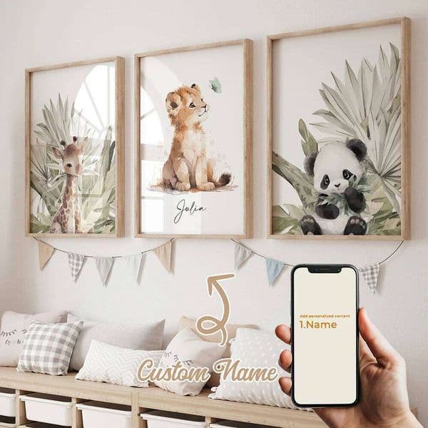 3pcs Personalized Custom Name Cartoon Child Giraffe Wall Art Print Picture Canvas Poster Painting For Living Room Home Decor 26H0505