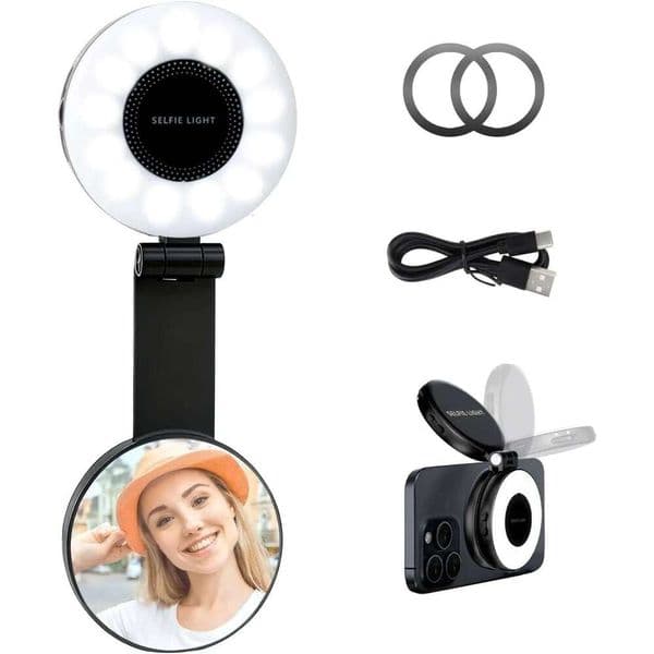 Selfie iPhone Mirror Foldable Magnetic Fill Light with Sticky for Rechargeable Phone Ring Lights
