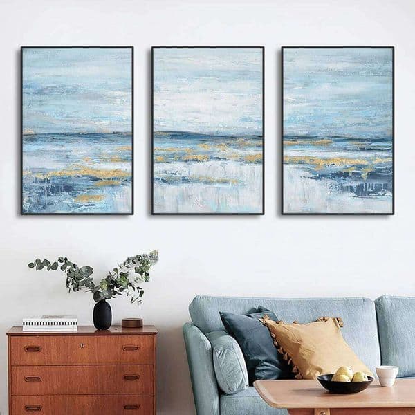 3 Panels Nordic Abstract Ocean Canvas Painting Coastal Theme Artwork Blue Gold Sunset & Sunrise Wall Art Posters for Living Room 26L0505