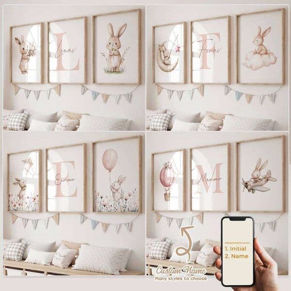 3pcs Personalized Custom Name Cartoon pink rabbit Wall Art Print Picture Canvas Poster Painting For Living Child Room Home Decor 26H0505