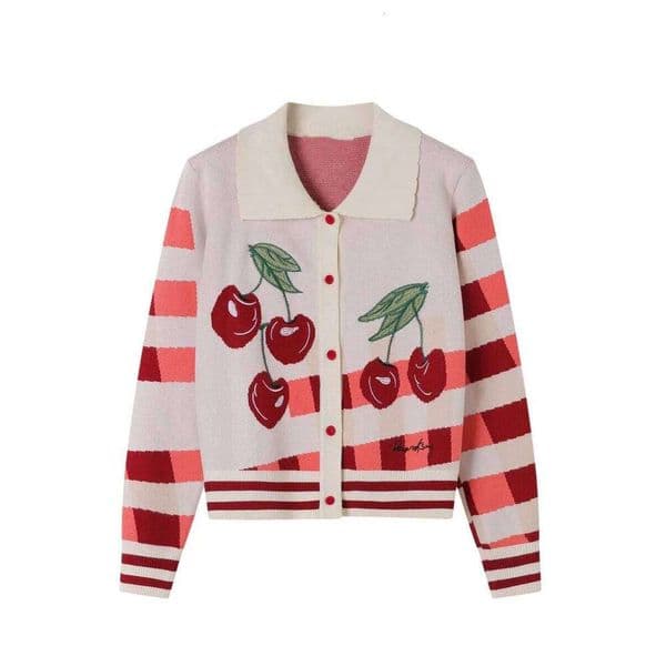 Vintage Striped Cherry Embroidered Knitted Cardigan Women Autumn Winter Long Sleeve Turn-Down Collar Short Sweater Knitwear Tops Mdng26055