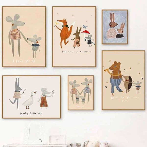 Mouse Family Rabbit Fox Hedgehog Dance Nursery Poster Nordic Wall Art Print Canvas Painting Boho Pictures For Bedroom Baby Decor 26H0505