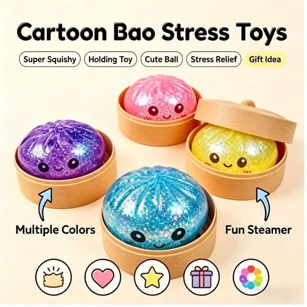 Steamed Bun Squeeze Toy Simulation Bao Stress Relief Fidget Toy with Beads Sparkles Soft Squishy Sensory Decompression AccessoryT260505