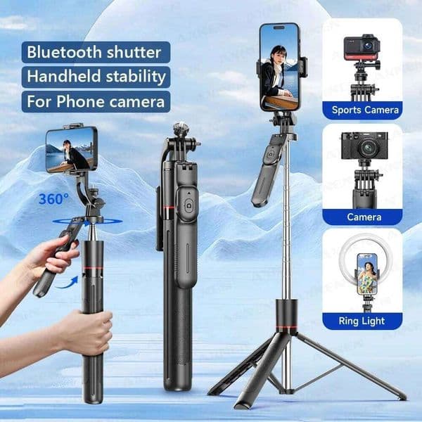 F16 Selfie Stick Tripod with 1708mm Long 8-Section Pole, Bluetooth Remote, 360° Rotation, 1/4 Interface, for Phone Camera Vlog