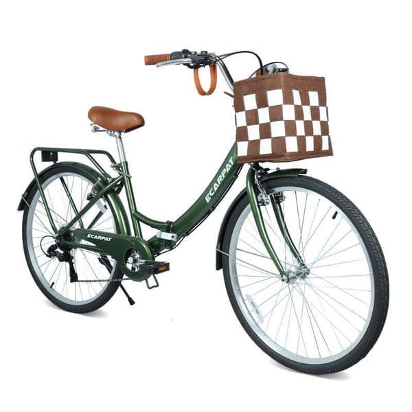 A26285B 26 Inch Folding City Bike with 7 Speeds Commuter-Ready Accessories Detachable Basket Cup Holder, Steel Frame, Alloy Rims, V-Brakes Comfortable Ride for