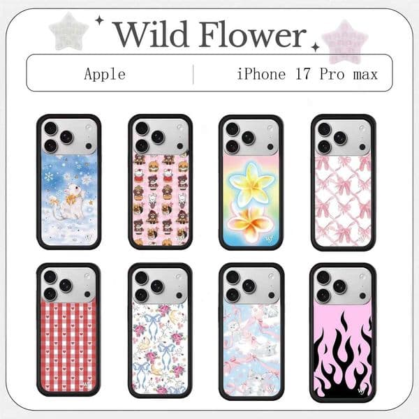 Kawaii Mixed Pattern Wildflower Phone Case For iPhone 17 16 15 14 13 12 Pro Max Plus Air Cute Cat Floral Plaid Bow Flame Protect 26H0505