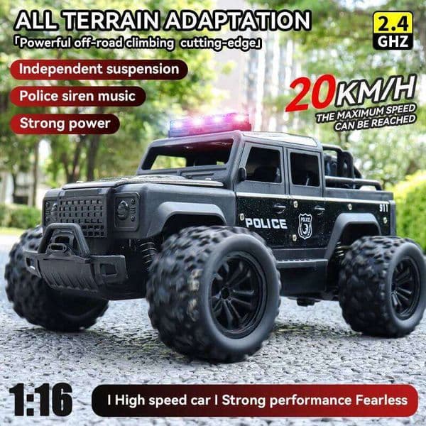 1:16 High Speed Off-Road Alloy RC Police Truck Jeep with Music Sound and LED Lights 2.4G Remote Control Cars Outdoor Toy 26Y0506